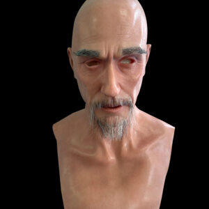 Old man mask front view showing realistic facial features and detailed silicone texture