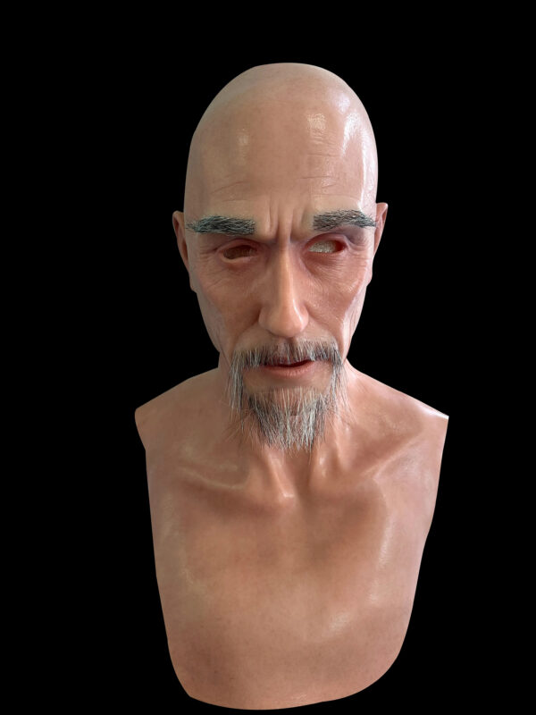 Old man mask front view showing realistic facial features and detailed silicone texture