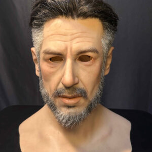 Hyper realistic mask front view showing detailed facial features and lifelike skin texture.