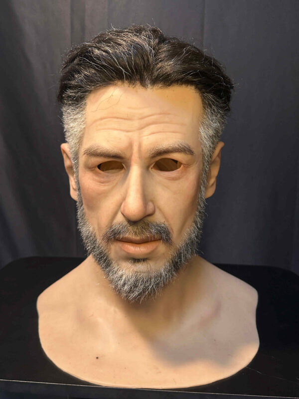 Hyper realistic mask front view showing detailed facial features and lifelike skin texture.