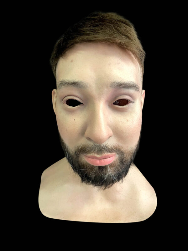 Immortal masks front view showing realistic black hair and beard on a middle-aged man