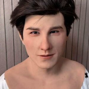 Front view of a lifelike silicone face mask with black hair