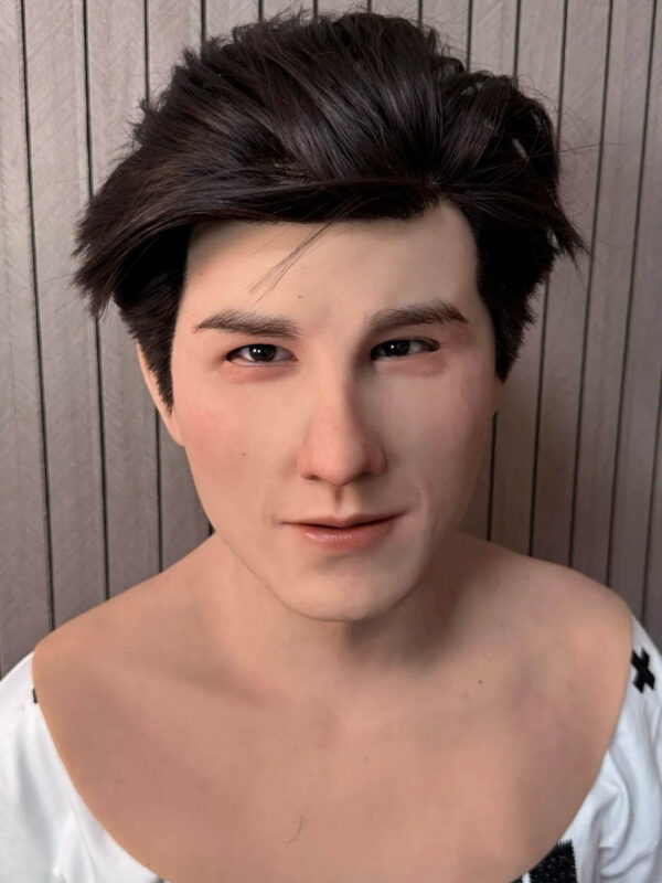 Front view of a lifelike silicone face mask with black hair