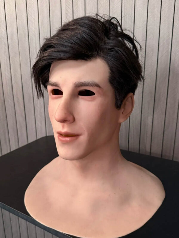 Person wearing a lifelike silicone mask – frontal view
