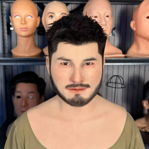 Front view of a realistic human face mask featuring lifelike male facial features