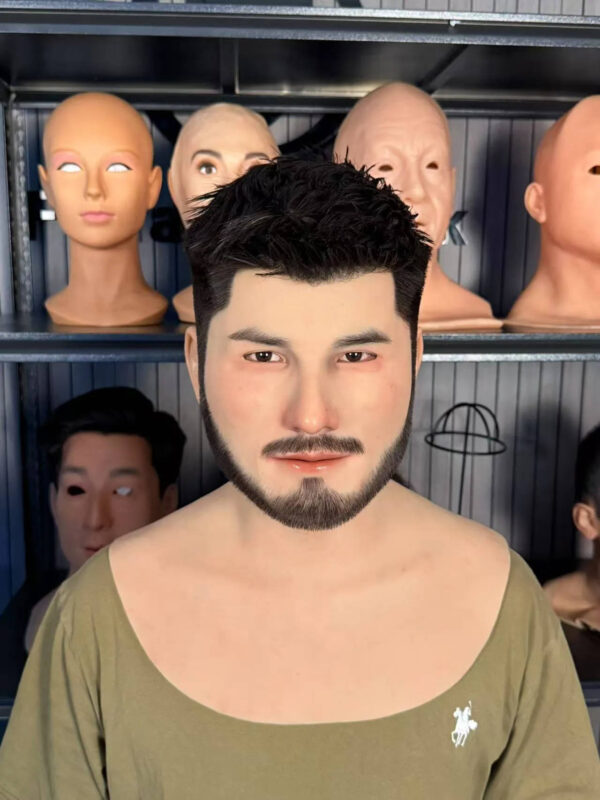 Front view of a realistic human face mask featuring lifelike male facial features