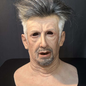 Realistic old man mask front view showing detailed wrinkles and lifelike facial features