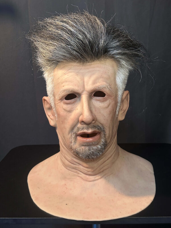 Realistic old man mask front view showing detailed wrinkles and lifelike facial features