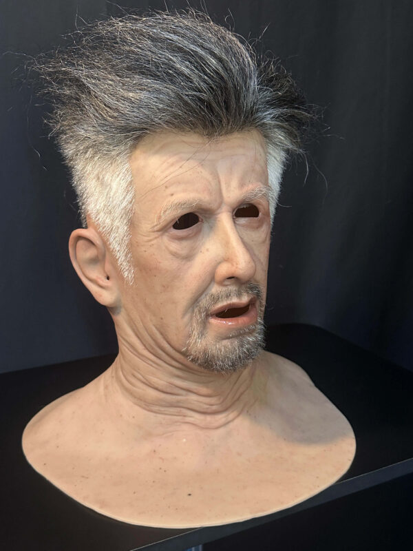 Right profile of realistic old man mask with visible age lines and neck detailing