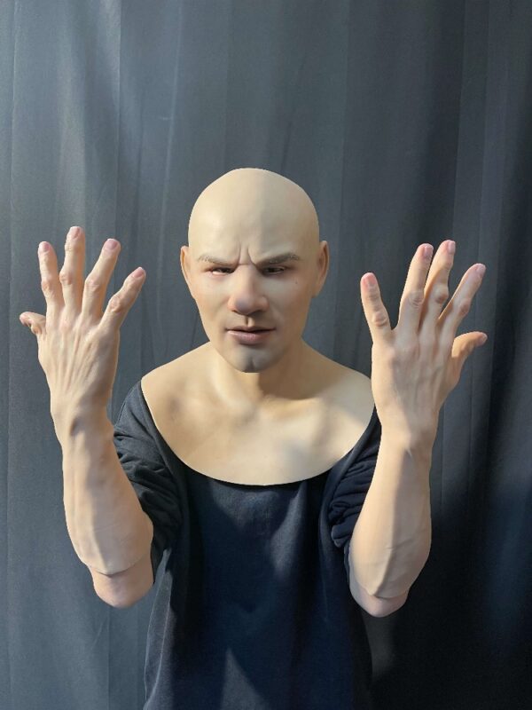 Realistic silicone gloves being worn on a human hand