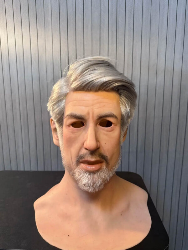 Realistic silicone masks front view of elderly man with white hair and beard