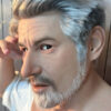 Side view of actor wearing realistic silicone elderly mask