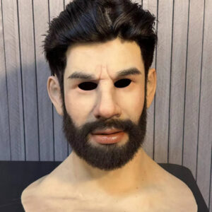 Left profile of a realistic silicone face mask with defined cheekbone and beard texture