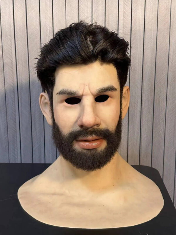 Left profile of a realistic silicone face mask with defined cheekbone and beard texture