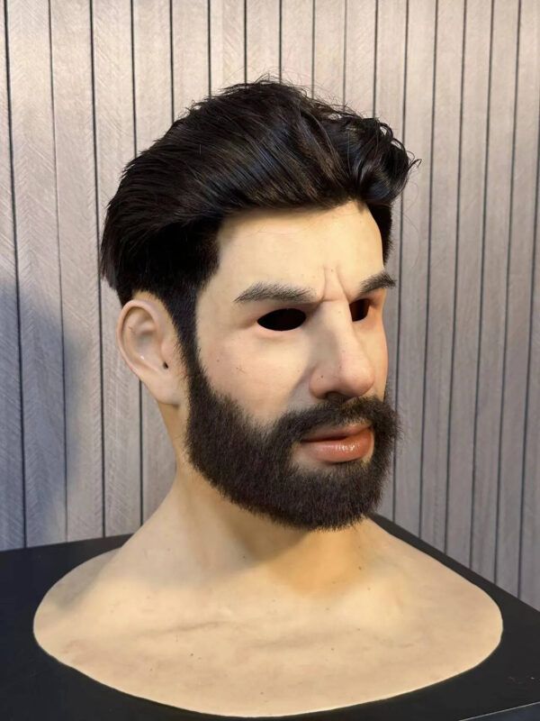 Right side view of a silicone face mask showing lifelike skin tone and beard texture