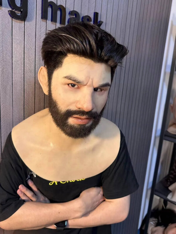 Man wearing a silicone face mask with realistic beard and natural expression