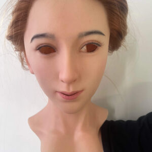 Realistic female mask front view with long brown hair