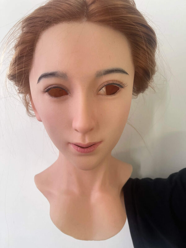 Realistic female mask front view with long brown hair