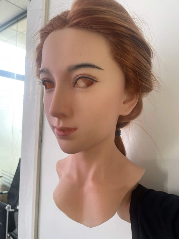 Realistic female mask right side profile with long brown hair