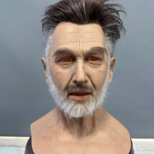 Front view of realistic silicone mask of elderly man with white beard